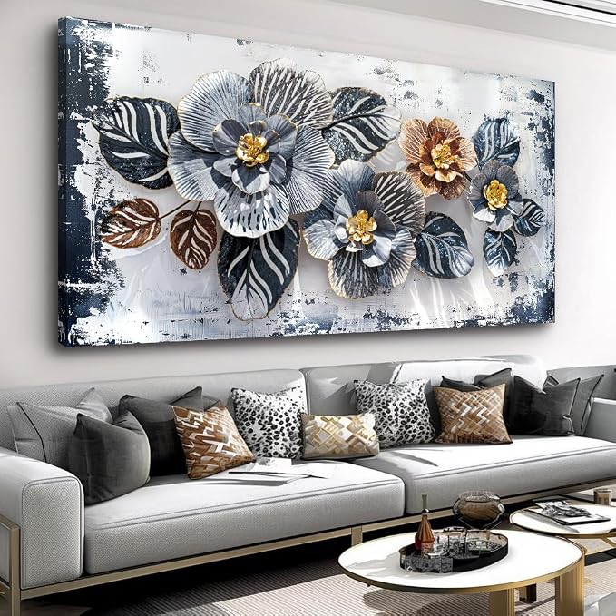 Large Floral Wall Art Decor Elegant Flower Framed Canvas Print Wall Décor for Living Room, Bedroom, Dining Room, and Home Office Modern Textured Ready to Hang - 24"x48"
