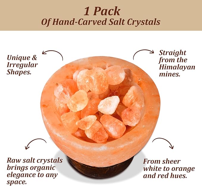 POHS Himalayan Pink Salt Lamp Bowl – Authentic from Pakistan, Natural Crystal Chunks, Dimmable Warm Glow Light, Premium Wooden Base – Relaxation, Bedroom Decor & Gift
