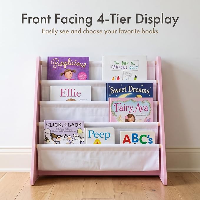 Humble Crew Kids Bookshelf, Montessori Front Facing Toddler Bookcase 4 Tier | Book display rack and reading nook organizer, nylon pockets show covers face out, compact for any playroom or bedroom space
