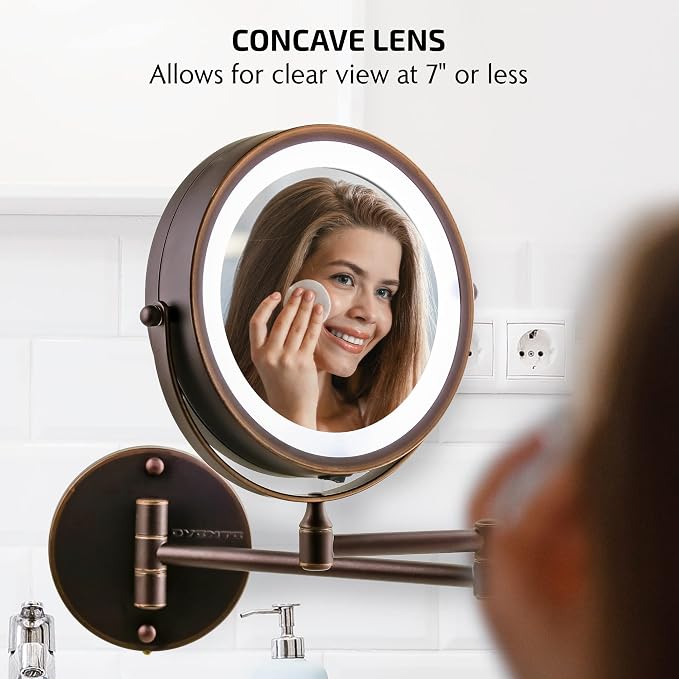 OVENTE 7" Wall Mounted Lighted Makeup Mirror, Antique Bronze MFW70ABZ1X7X | Cordless Double Sided 1X/7X Magnifying Mirror for Bathroom with LED Lights, 360° Rotation, Extendable Arm, Battery Operated