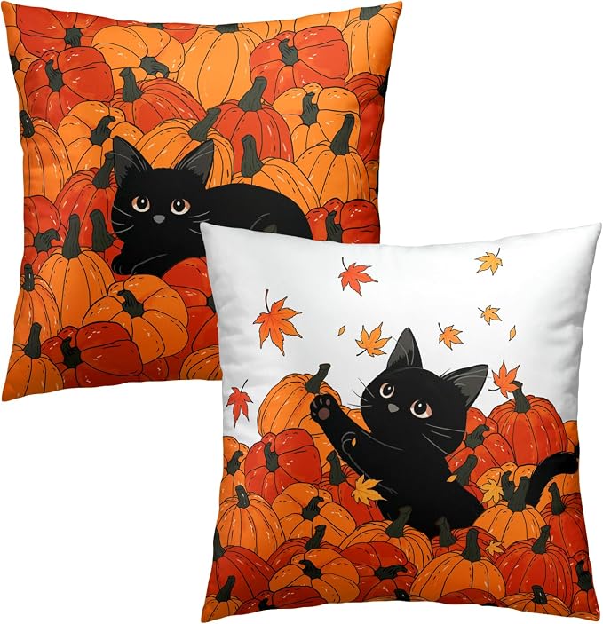 Fall Black Cat Throw Pillow Cover 20X20 Inch Set of 2 Autumn Pumpkins Maple Leaves Outdoor Pillow Cases Thanksgiving Harvest Farmhouse Square Cushion Cover for Sofa Porch Patio Home Decoration