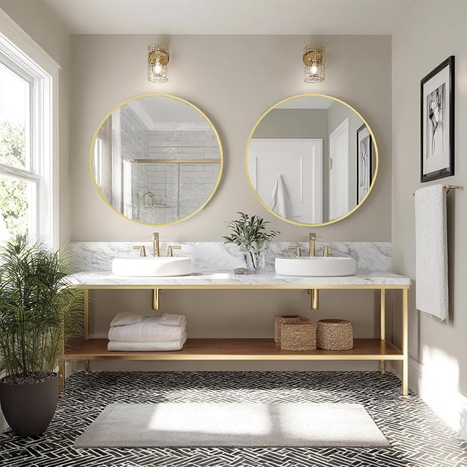 Gold Round Mirror 24 inch, 2 Pack Circle Mirror,Brushed Metal Frame | High Definition Mirror, Waterproof, Sturdy, Circle Mirror for Bathroom, Bedroom, Entryway, Living Room, Wall Décor