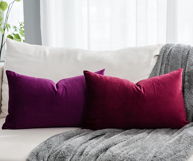 Burgundy Christmas Decorative Lumbar Velvet Throw Pillow Covers 12x20 inch Set of 2 with Zipper Luxury Soft Solid Rectangle Cushion Covers Case for Sofa Couch Bed Living Room