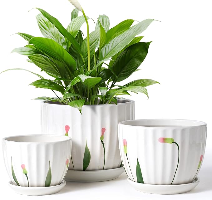 STHIE 4/5/6 Inches White Ceramic Plant Pots with Drainage Holes and Saucer | Set of 3 Round Planter for Small Indoor/Outdoor Plants with Modern Stripes Design, White Floral , Decorative Flower Pots