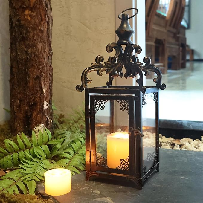NEEDOMO Lanterns Decorative Indoor Hanging Lantern Outdoor, Vintage Metal Tabletop Decor Lantern for Patio Rustic Home, Candle Holders with Clear Glass, Home Kitchen Coffee Table Livinig Room Decor