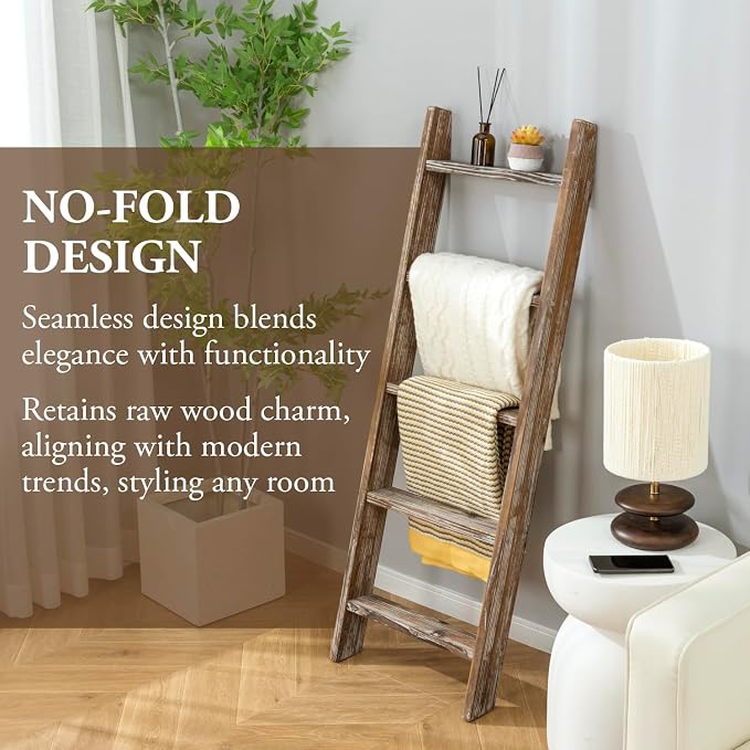 MyGift 4.5 Foot Torched Brown Wood Decorative Blanket Ladder Shelf | Farmhouse Display Storage Throw Quilt Organizer Rustic Décor Living Room Bedroom Interior Accent Leaning Shelving