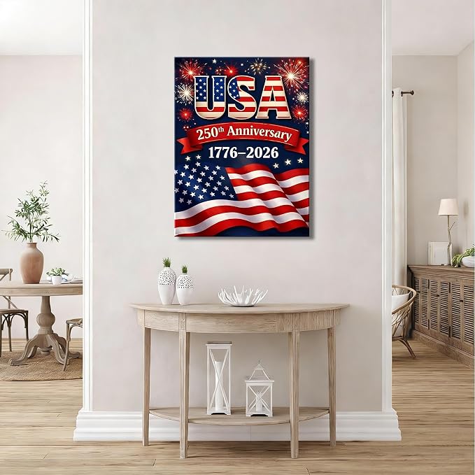 USA 250th Anniversary 1776-2026 Canvas Wall Decor, Patriotic Fireworks American Flag Wall Art, Independence Day Framed Canvas Prints for Home & Holiday Decoration, Made in USA