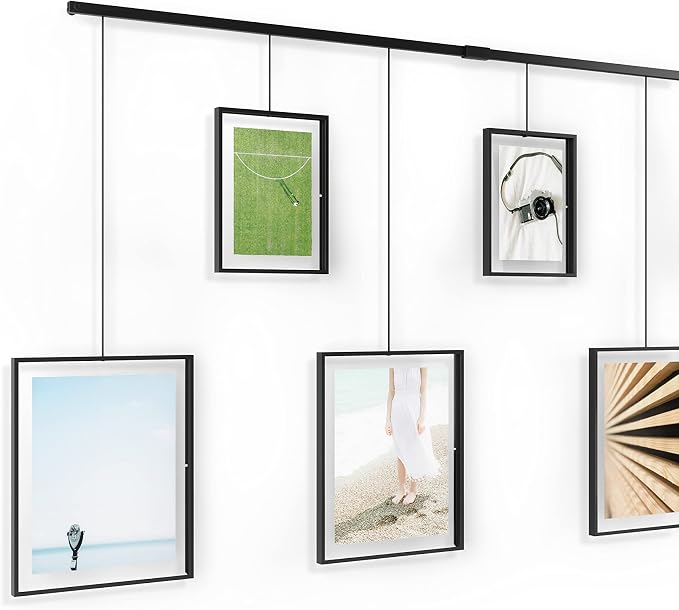 Umbra Exhibit Gallery Picture Frames, Adjustable Wall, Set of 9, Black | Steel, movable hanging rods, holds 8x10 and 5x7 sizes, minimal screw holes, mounting hardware included