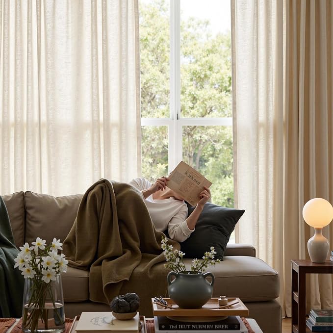 jinchan Linen Curtains Light Filtering Back Tab 38x96 Inch 4 Panels Beige | Semi Sheer Curtains 96 inch length for Bedroom Living Room, Modern Farmhouse Drapes with Rod Pocket, Natural Boho Curtains