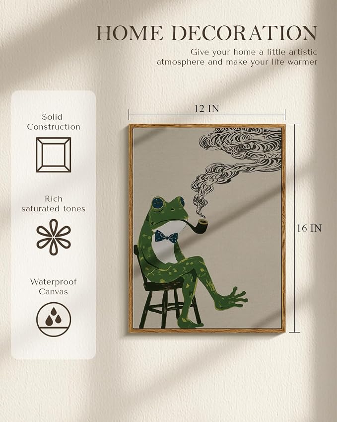 WHASAYART Funny Frog Canvas Wall Art, 12x16 Framed Vintage Animal Painting, Whimsical Frog Pipe with Bow Tie, Retro Surreal Wall Decor for Living Room Bedroom Office Bar Home
