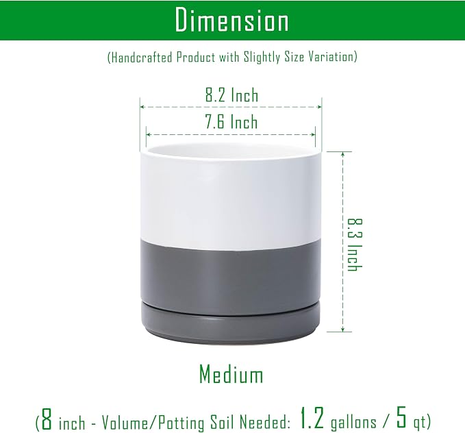 D'vine Dev 8.2 Inch Ceramic Planter Pot, White/Grey, 94-O-D-6 | Modern Cylinder Design, Drainage Hole & Saucer Included, Stable Structure, Elegant Home Accent