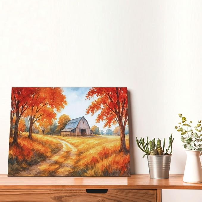 Fall Barn Decor Wall Art Autumn Harvest Pictures Fall Farmhouse Canvas Prints Painting Country Artwork Decoration for Bathroom Bedroom Living Room Framed Gifts 12"x16"
