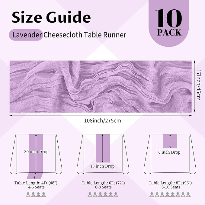 10 Pack Lavender Cheesecloth Table Runner 17x108 Inch Boho Gauze Cheese Cloth Table Runners for Wedding Party Baby Shower Birthday Home Decor