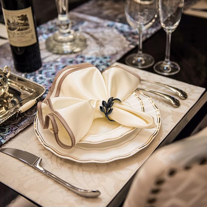 KPOSIYA Set of 6 Leaf Napkin Rings Metal Gold Napkin Holder Table Napkin Rings for Thanksgiving Day Christmas Dinning Table Parties Everyday (Ye Zi-Black 6)