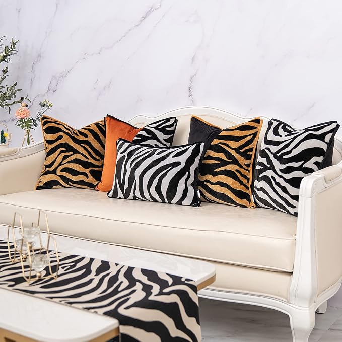 Yangest Black Rectangle Pillow Cover Cut Velvet Zebra Print Cushion Cover Luxury Modern Pillowcover for Couch Living Room Bedroom,12x20 Inch