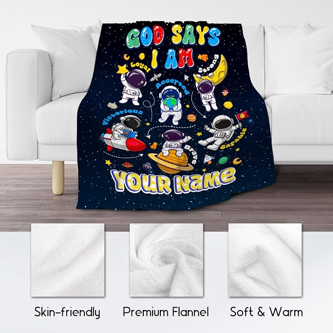 Personalized Planet Blanket, Kids Throw Blanket for Boys, Planet Gifts for Toddler Child, God Says I Am Blanket for Kids, Inspirational Gifts for Son, Soft Throw Blankets for Living Room, 60"x80"