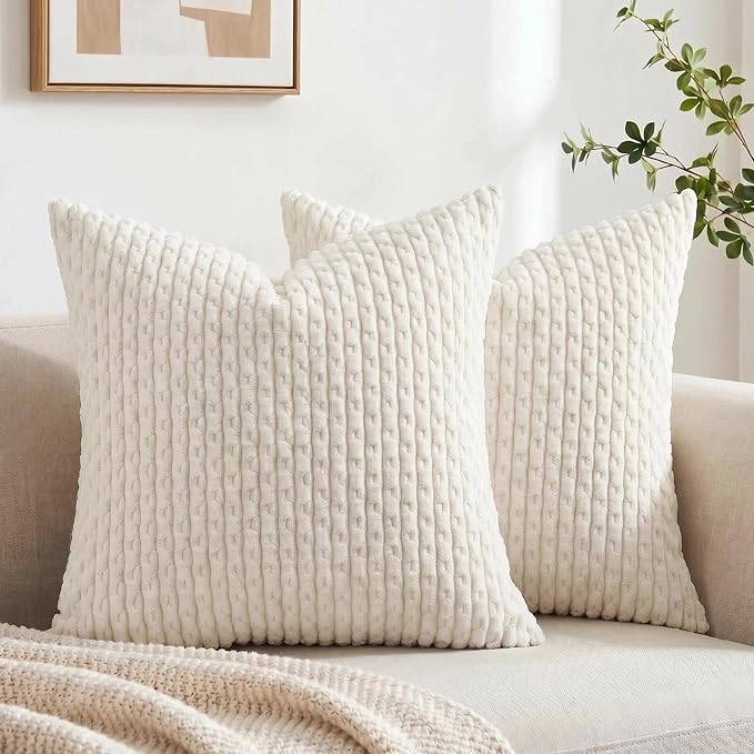Fancy Homi 2 Packs Cream Decorative Throw Pillow Covers 26x26 Inch for Couch Bed Sofa, Modern Farmhouse Boho Home Decor, Soft Cute Plush Corduroy Cushion Case 66x66 CM