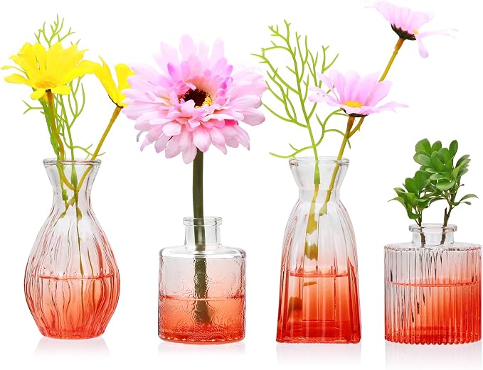 Glass Bud Vases Set of 4, Small Orange Flower Vases for Wedding Centerpiece | Clear Vintage Embossed Mini Vases for Table Decorations, Flower Arrangements in Vases for Party or Home Decor