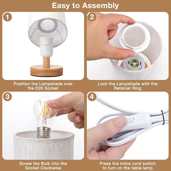 Fenmzee Small Lamps Set of 2 (Cream Shade - Wood Base, 9" Inline Control)