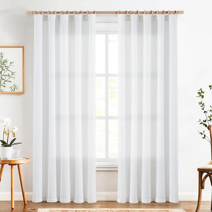 jinchan Linen Curtains Light Filtering Back Tab 50x84 Inch 2 Panels White | Semi Sheer Curtains 84 inch length for Bedroom Living Room, Modern Farmhouse Drapes with Rod Pocket, Natural Boho Curtains