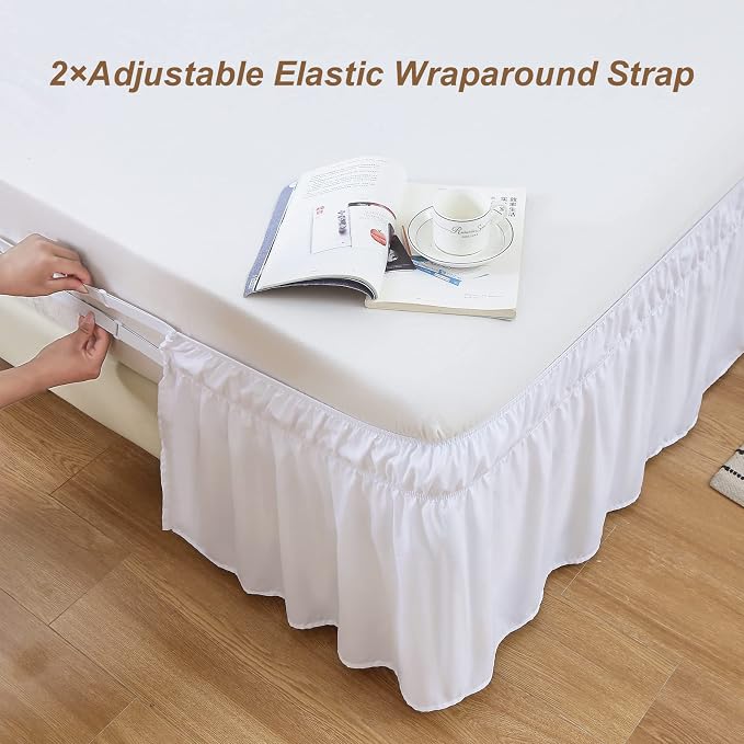 MEILA Wrap Around Elastic Bed Skirt for Twin & Full Beds, 24" Drop, White | Three-Side Adjustable Elastic Dust Ruffle, Ruffled Polyester Fabric, Easy to Install, Fade Resistant & Machine Washable