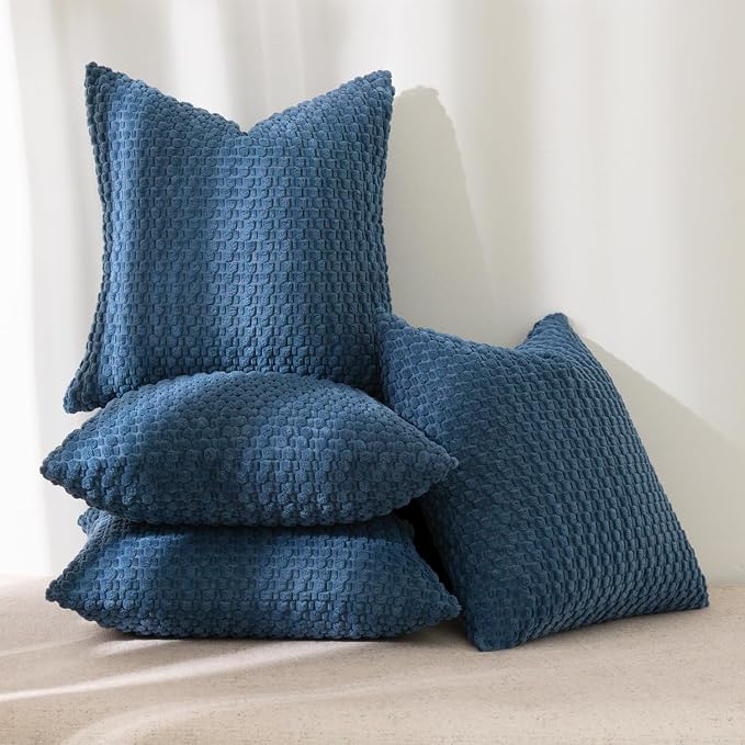 Kevin Textile Throw Pillow Covers Pack of 4 Spring Super Soft Boho Corduroy Decorative Pillow Covers Cases Solid Color Plush Texture Throw Pillows for Sofa Couch Chair 18x18 Inch, Dusty Blue