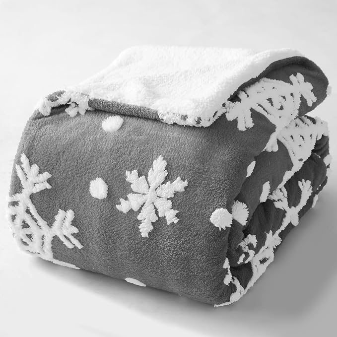 Sherpa Throw Blanket for Couch - Grey Blanket, Snowflakes Pattern, Warm Winter Cabin Throw, Premium Microfiber & Soft Touch, Plush & Fluffy, Warm & Cozy for Sofa and Bed, 50"x60", Grey