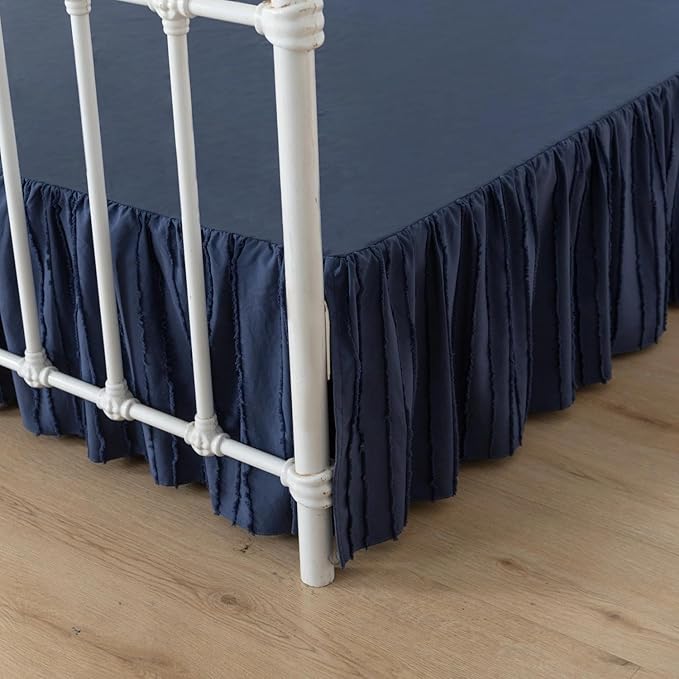 Dust Ruffle Bed Skirt, Full Size Beds - 16 Inch Drop, Blue | Striped Boho Tufted, Split Corners, Easy Fit, Wrinkle & Fade Free, for Women, Men, Kids & Teens