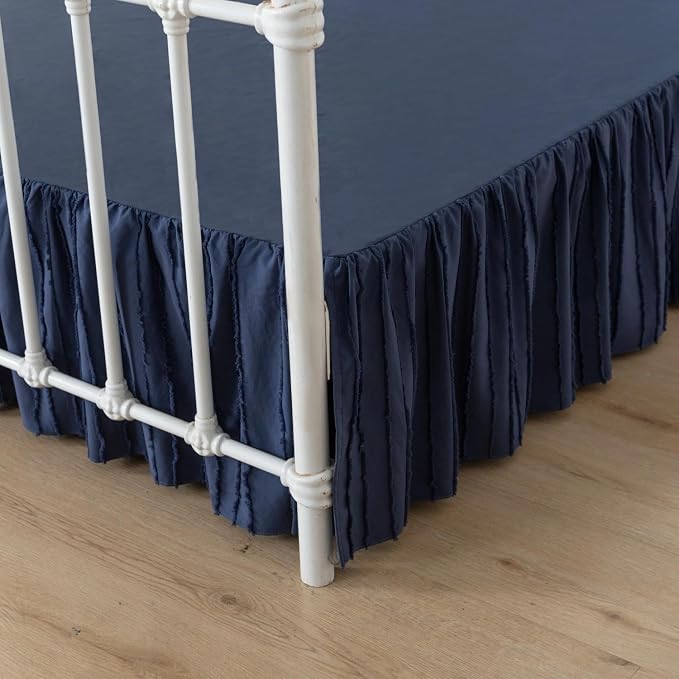 Dust Ruffle Bed Skirt, Queen Size Beds - 18 Inch Drop, Blue | Striped Boho Tufted, Split Corners, Easy Fit, Wrinkle & Fade Free, for Women, Men, Kids & Teens