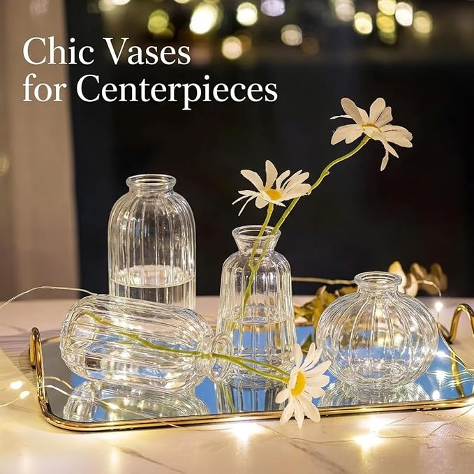 Glass Bud Vases Set of 3, Small Flower Vases in Bulk, Mini Ribbed Vases for Centerpieces, Clear Vintage Vase for Table Decorations, Wedding, Party, Receptions, Home Decor (Clear)