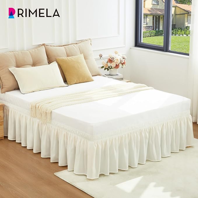 RIMELA Cream Bed Skirt Queen Size 12 Inch Drop, Wrap Around Elastic Adjustable Bedskirt, Bed skirting Dust Ruffle for Bed Frame & Box Spring Soft Durable Fabric Machine Washable Easy to Install | Solid Ruffled, Easy to Use, No Mattress Lifting, Wrinkle...