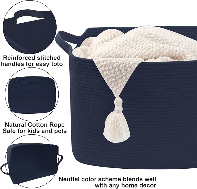 65L Large Laundry Basket with Handles,Woven Blanket Basket,Navy | 21"×16"×12" Collapsible Cotton Rope Storage Basket for Toys Clothes & Pillows, Nursery, Bathroom, Bedroom, Living Room