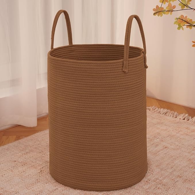 JMvicyroam 80L Cotton Rope Laundry Basket Hamper, Golden Jute | Collapsible laundry basket, reinforced handles, freestanding, machine washable, holds 3-5 thick blankets, clothes or toys
