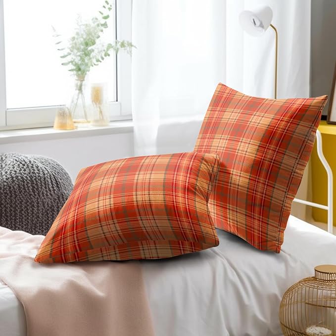 Fall Plaid Throw Pillow Covers 24x24inch Set of 2 Burnt Orange Buffalo Plaid Print Pillowcase Autumn Colored Tartan Thanksgiving Farmhouse Seasonal Decorative Cushion Cases for Home Sofa Patio
