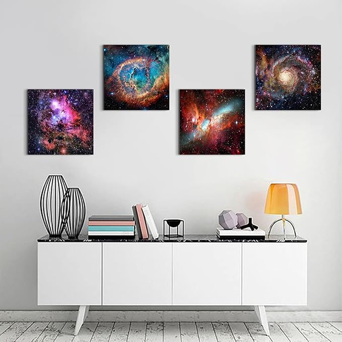 Nebula Galaxy Wall Art Painting Prints on Canvas Wall Decorations Wooden Frames Canvas 24" x 24" x 4 Panels/Set Outer Space Starlight Modern Artwork Pictures Home Wall Decor Cosmic Astronomy Posters