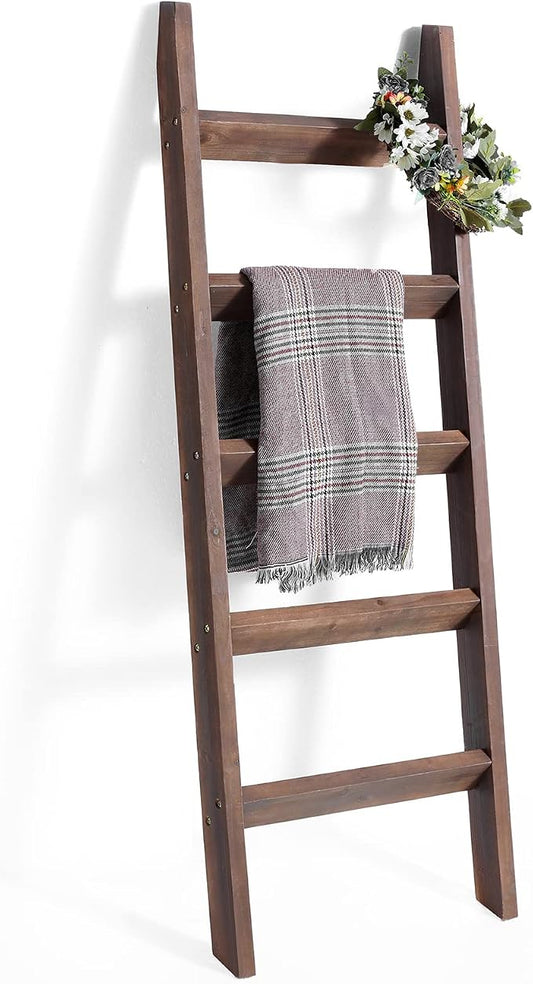 FUIN Blanket Ladder, 5ft Angled rungs Rustic Solid Wood Decor Rack, Brown | 5 rungs, farmhouse quilt display rack, organize towel, leaning wall, bathroom and living room use, non-knocked down side rail
