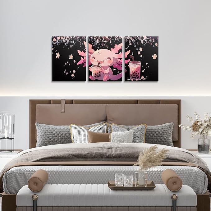Feelyou Boys Girls Cute Axolotl Canvas Wall Art for Living Room Bedroom Cartoon Salamander Picture Wall Decor Cherry Blossoms Wall Painting Posters Kids Kawaii Bathroom Wall Art 12"x16"x 3Pcs