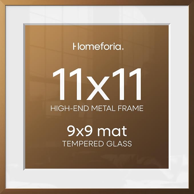 Homeforia 11x11 Bronze Picture Frame, High-End Metal, 9x9 Mat, Glass