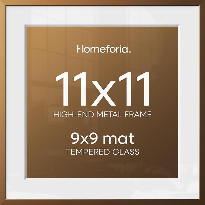 Homeforia 11x11 Bronze Picture Frame, High-End Metal, 9x9 Mat, Glass