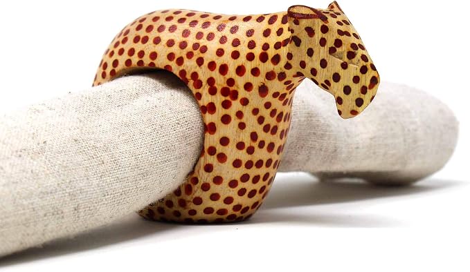Global Crafts KWF012_C - Handcarved Mahogany Wooden Napkin Ring Holders - Cheetah, Set of 6