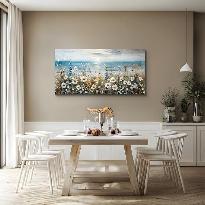 SERIMINO Coastal Landscape Wall Decor, Beach Daisy Canvas Prints 24"X48" | Large Beach Wall Art, Coastal Wildflower Daisy Artwork, Dining Room Kitchen Decor, Ready To Hang, Fade-resistant Inks