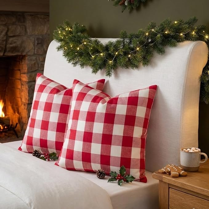 Red and White Buffalo Check Plaid Outdoor Throw Pillow Cover 18x18 Set of 2 | Soft Red Couch Pillow Covers 18 x 18, Red and White Buffalo Plaid Christmas Pillow Covers Set of 2, Outdoor Porch Pillows