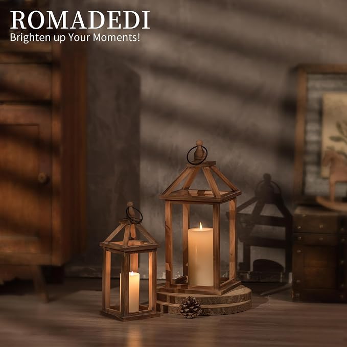 Romadedi Wood Candle Lantern Decorative, Brown, Rustic Decor Set of 2 | Farmhouse Wooden Lanterns, Decorative Candle Holder, Wedding Table Centerpiece, Indoor Outdoor, Fireplace Decorations