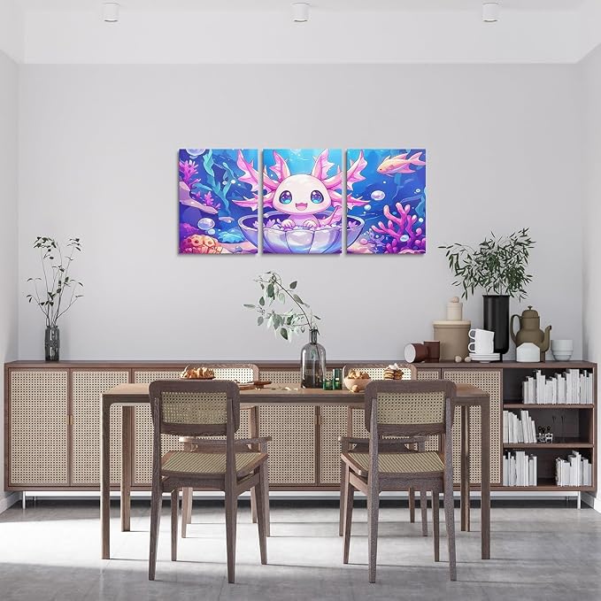 Feelyou Kids Cute Axolotl Canvas Wall Art for Living Room Bedroom Ocean Sealife Picture Wall Decor Boys Girls Kawaii Animal Wall Painting Prints Cartoon Salamander Bathroom Wall Art 12"x16"x 3Pcs