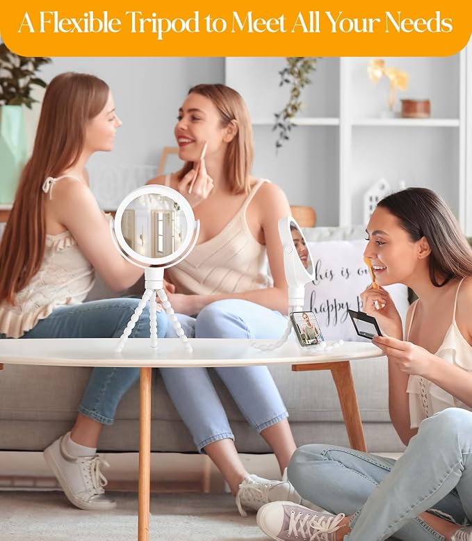 Gospire 5.85” Tripod Travel Makeup Mirror with Light and Magnification | 4 In 1, Winding Hanging Handheld Tabletop, 3 Light Colors, 1X/10X