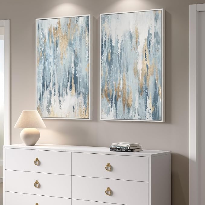 Large Framed Blue Gold Abstract Canvas Wall Art Decor Set of 2, 24x30 In | Glitter, Modern paintings, Light Blue, Gold details, Minimalist pictures, Wood frame, Living room, Dining room wall decor