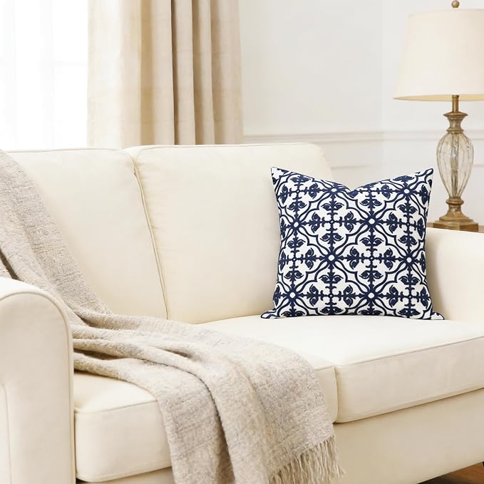 Slow Cow Throw Pillow Cover Navy Blue Embroidery Canvas Throw Pillow Cover for Couch Bed Sofa Navy Geometric Cushion Cover 18 x18 Inches