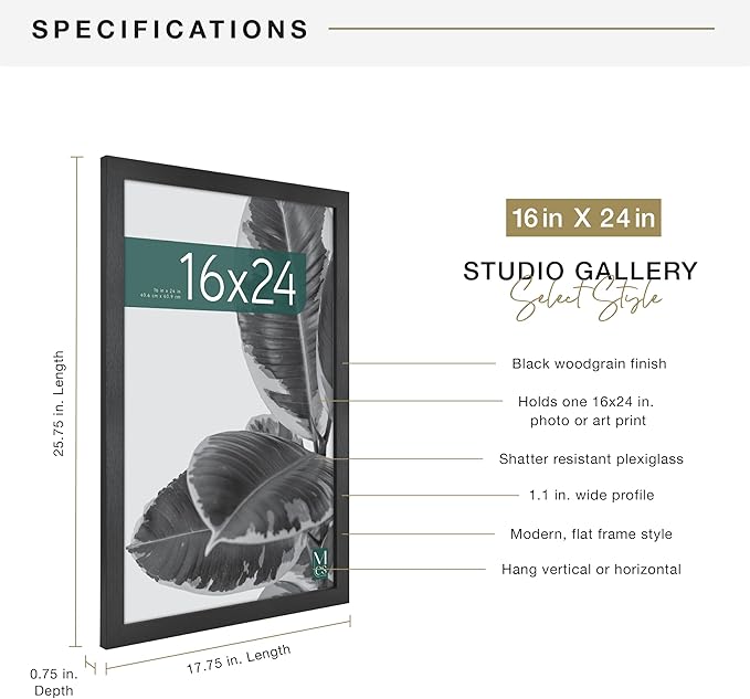 MCS Studio Gallery Poster Frame, 16x24, Black Woodgrain, 1-Pack