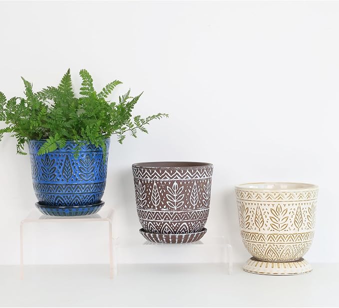 Gepege Ceramic Plant Pots, 6 Inch Indoor Planters with Drainage & Saucers | Ceramic pots for plants with drainage holes, ceramic saucers and mesh pads, ideal for flowers, herbs and succulents, set of 2