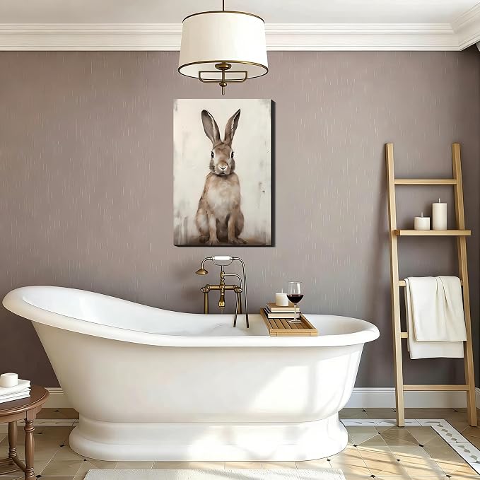 Vintage Rabbits Portrait Canvas Wall Art, Brown Easter Canvas Art for Living Room, Fireplace Wall Decor, Framed Spring Bunny Poster Prints for Bedroom Bathroom Holiday Decoration
